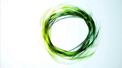 Create a highly detailed circle made up of overlapping light traces of various shades of green They are spinning anticlockwise The background is clean white