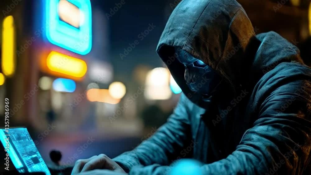 Poster a hooded individual sits at a dimly lit desk with a laptop open, focused on cybersecurity measures. 