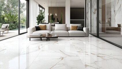Fototapeta premium Luxury Modern Living Room Interior with White Gold Veined Marble Floor