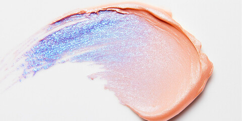Fototapeta premium Pearlescent cream eyeshadow smudge creating a gradient of pink and purple on white background
