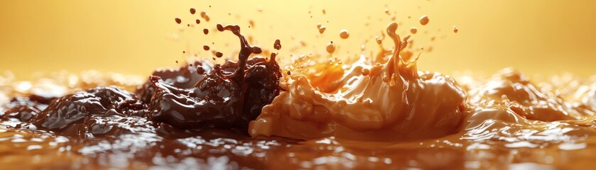 Fototapeta premium two liquid splashes, one dark and one light, colliding and creating a dynamic and artistic effect. The colors and textures of the liquids create a visually striking scene