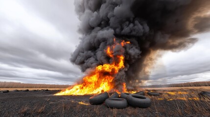 Dramatic fire and toxic smoke rising from illegal pollution site with discarded tires in the landscape