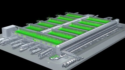A futuristic airport building with rooftop hydroponic farming design
