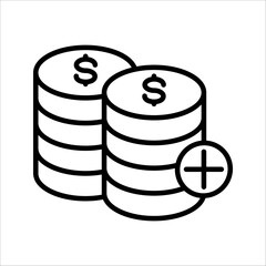 Money coin with add Icon Symbol isolated white background. vector illustration. color editable.