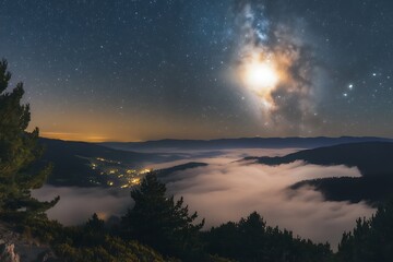 Fototapeta premium a mesmerizing view of a bold full moon shining in a sky of stars bathing ground under with a calm radiance 