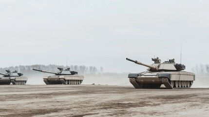 European military tanks training in convoy during defense exercises on an overcast day