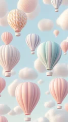 Pastel colored hot air balloons floating in cloudy sky