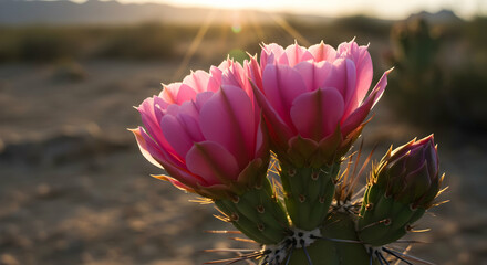 Pink Cactus Flowers Blooming In Desert Sunset