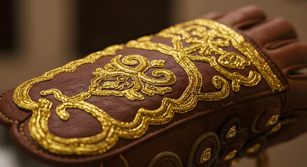 Ornamental Brown Leather Glove With Gold Embroidered Design
