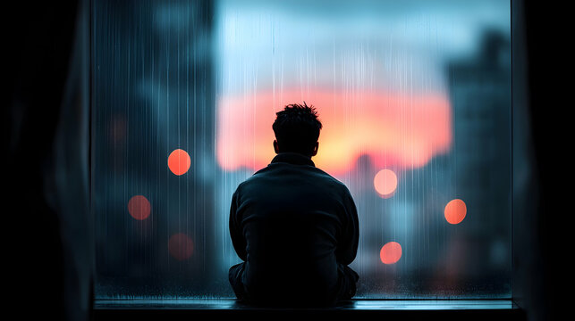 Silhouette of a Man Sitting at a Window During a Rainy Sunset