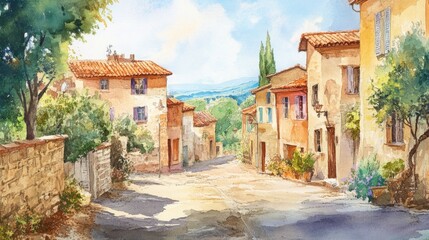 Fototapeta premium A charming European town in watercolor with streets and trees. 