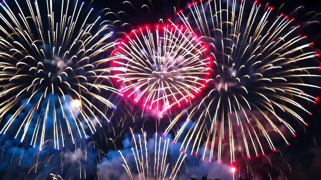 Colorful fireworks exploding in night sky with heart-shaped red pattern surrounded by bright golden light bursts

