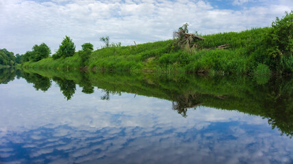 Landscape lake in the summer. Reflection of trees and sky in the water body