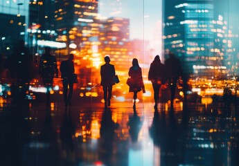 A dynamic cityscape background with businesspeople in sharp focus, in the style of double exposure The office building is a blur of lights and shadows Generative AI