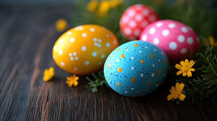 Obraz premium Colorful Easter eggs on dark wood, surrounded by flowers. Perfect for Easter greeting cards, spring promotions, or festive backgrounds.