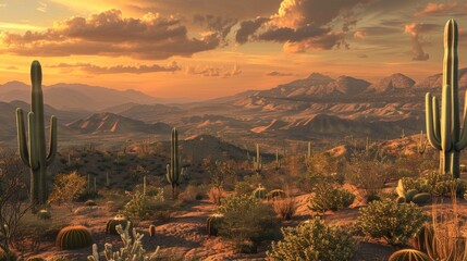 Beautiful cacti scattered all over the plateau with mountains in the background on a sunset view.