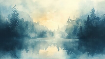 Watercolor painting of a misty forest reflecting in calm water