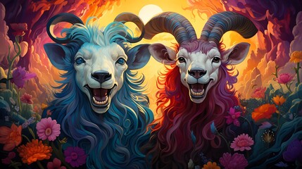 Laughing lion a mischievous goat wearing funky heart shaped sunglasses looking like best friends vibrant swirling background ultra detailed