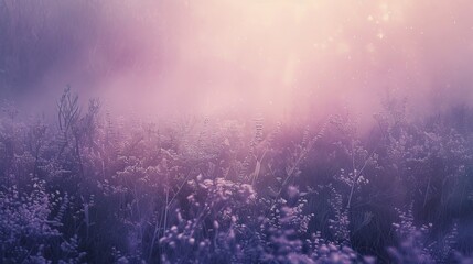 Fototapeta premium Dreamy Purple Meadow In Foggy Sunrise, Nature Background