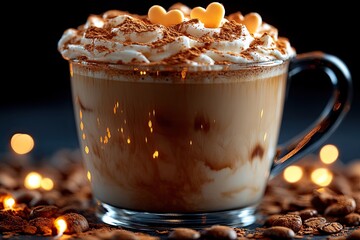 Glass mug of coffee with whipped cream, cocoa powder, and heart-shaped candies. Perfect for Valentine's Day, romantic themes, or cozy winter drinks.