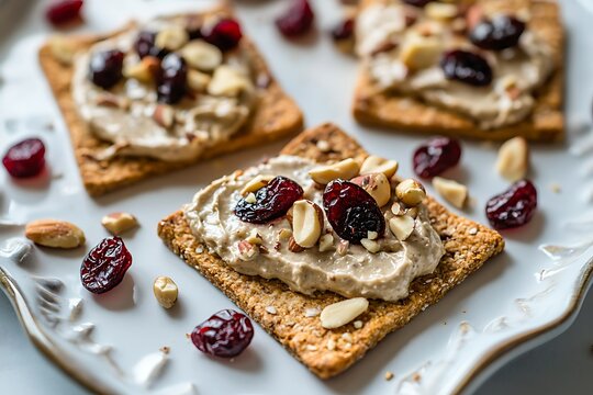 Creamy spread with cranberries and nuts on crackers. - Powered by Adobe