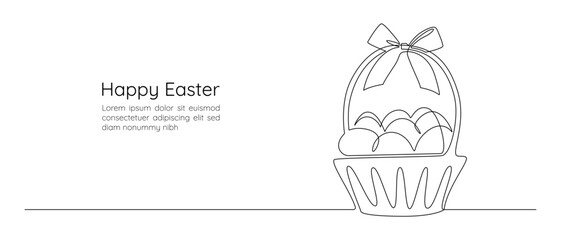 Basket with Easter eggs and bow in one continuous line drawing. Greeting banner design in simple linear style. Editable stroke. Doodle oneline vector illustration