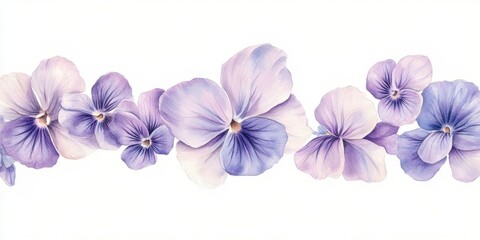 Obraz premium Purple Pansy Watercolor Border: A delicate watercolor illustration of a border of beautiful purple and white pansies. Perfect for adding a touch of elegance and charm to your design projects.
