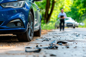 Blue Car and Road Debris Following Vehicle Collision