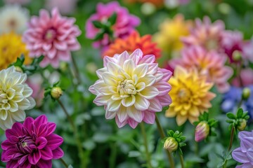 Obraz premium Vibrant, multicolored dahlia blossoms in full bloom (1)