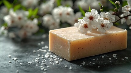 Beige artisan soap rests on dark surface, adorned with delicate white blossoms. Perfect for spa, beauty, or hygiene product ads; evokes natural, pure feeling.
