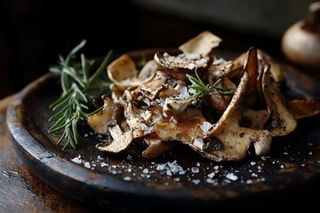Seared mushrooms with rosemary and sea salt on a rustic wooden plate