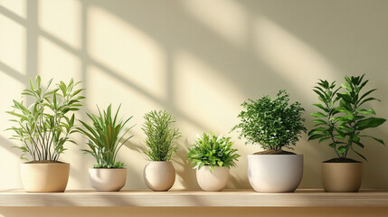 Fototapeta premium Indoor plants arranged on a wooden shelf with sunlight