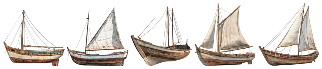 Obraz premium Vintage Sailing Boats with White Sails on Calm Water Background, PNG bundle collection, Isolated on Transparent Background