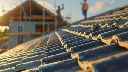 Advanced Roofers Aligning Tiles with Laser Tools on a Modern Construction Site
