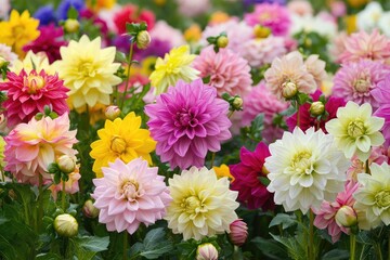 Vibrant, multicolored dahlia blossoms in full bloom, showcasing diverse petal shapes and colors