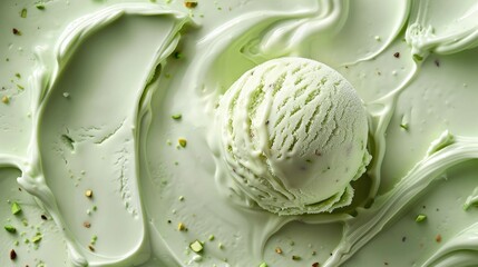 Close-up of a scoop of vanilla green pistachio ice cream with a smooth texture and rich, melting swirls. Delicious frozen dessert perfect for summer, ice cream parlor background
