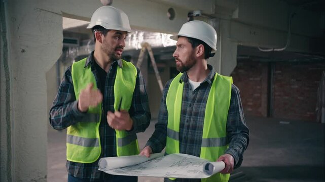 Two contractors civil engineers discuss arguing Caucasian men builders males conflict problem architects workers talking blueprint paper disagreement guys teamwork building project plan construction