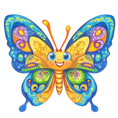 Obraz premium Colorful cartoon butterfly smiles, exuding happiness and cheerfulness