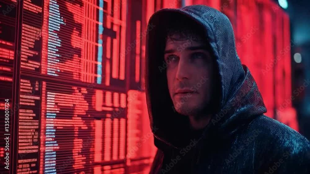 Poster a hooded figure stands absorbed in analyzing data displayed in bright red on a wall. this moment cap
