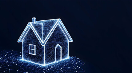 Glowing digital house model on dark background