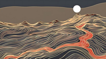 A stylized landscape depicts mountains and a flowing river beneath a moon