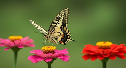 Obraz premium A Colorful Butterfly Resting on Blooming Flowers, Highlighting the Intricate Details of Nature’s Artistry in a Garden