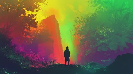 Fototapeta premium A lone figure stands before a vibrant rainbow colored landscape