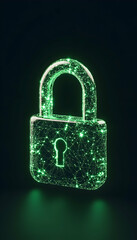 Glowing green digital padlock on dark background
