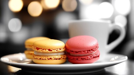 Obraz premium Plate of colorful macaroons with only the pink one highlighted creating a visually appealing contrast against a grayscale caf counter
