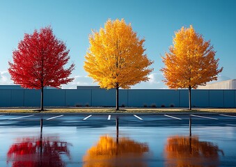 Three trees with fall colored leaves reflecting in wet pavement