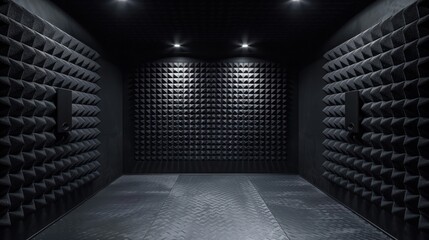Futuristic black soundproof room dark background. AI generated