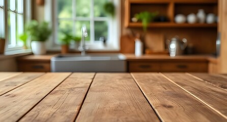 Picture of a wooden table with blure kitchen background