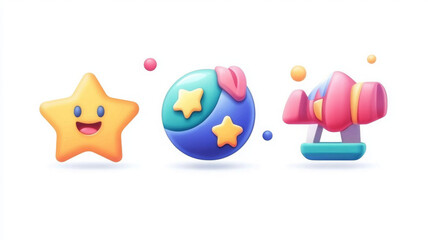 Playful star, set items icons with joyful expression, so charming