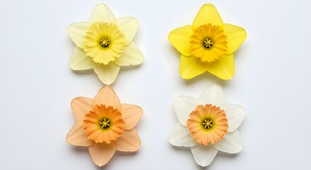 Four Bright Yellow Daffodils Arranged in a Row, Showcasing Their Vibrant Petals and Green Stems Against a Neutral Background
